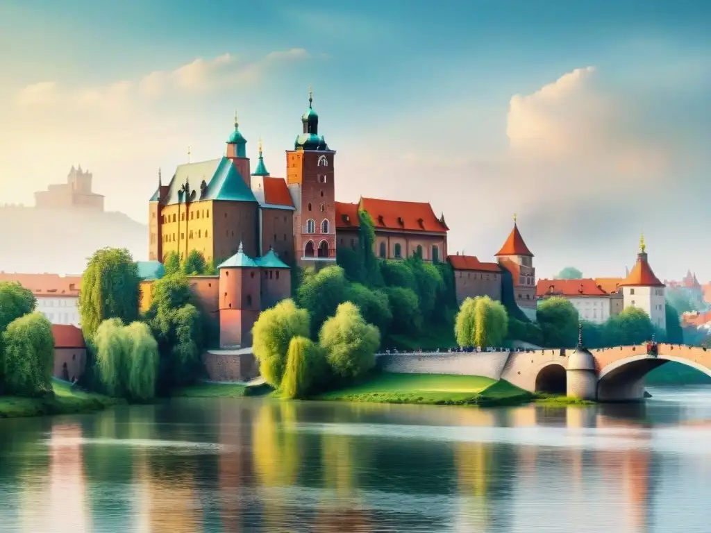 Explora la rica historia y cultura de Cracovia en este detallado acuarela del icónico Castillo de Wawel