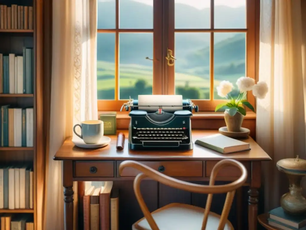 Un rincón acogedor de escritura en una cabaña rural con un escritorio rústico y objetos vintage