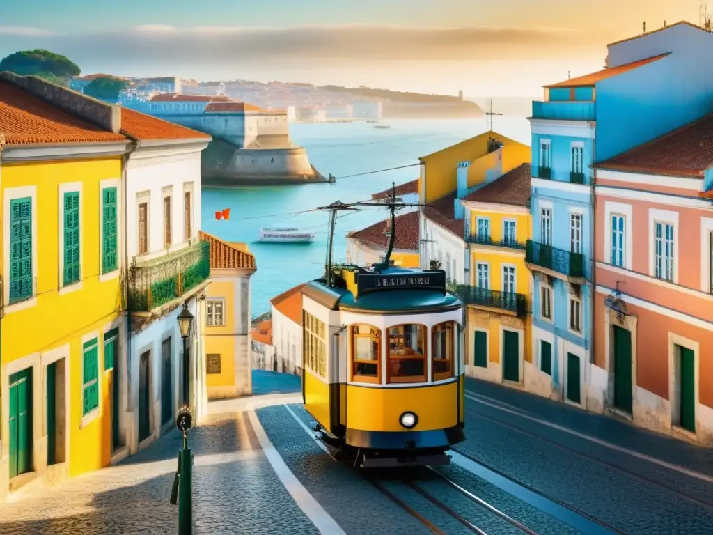 Descubre la riqueza lingüística y cultural de Portugal en esta ilustración acuarela de Lisboa al atardecer