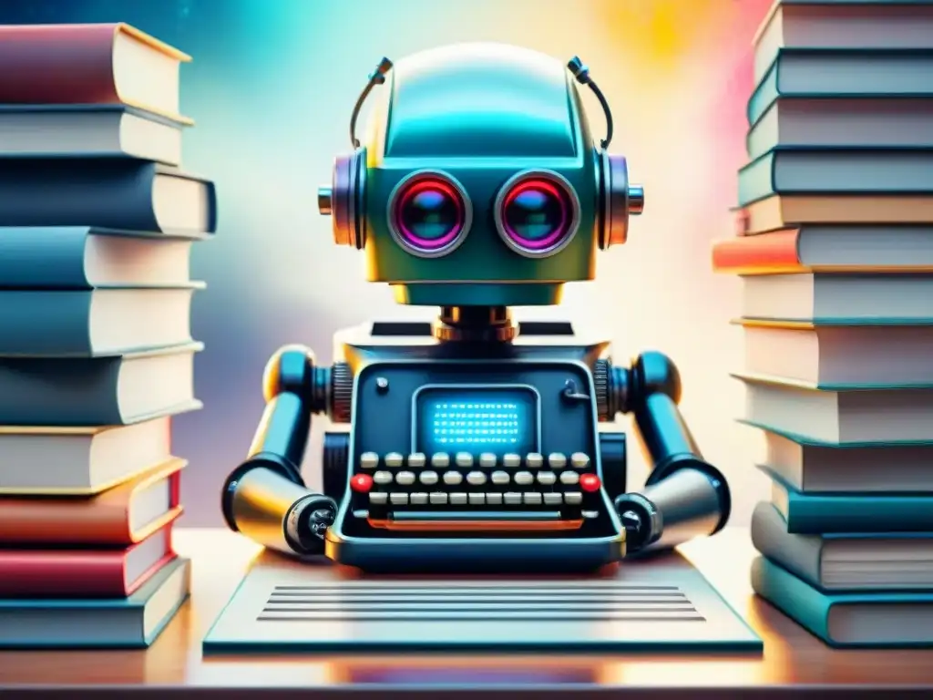 Un robot futurista rodeado de libros y pantallas brillantes, escribiendo en una máquina de escribir vintage, con destellos de creatividad