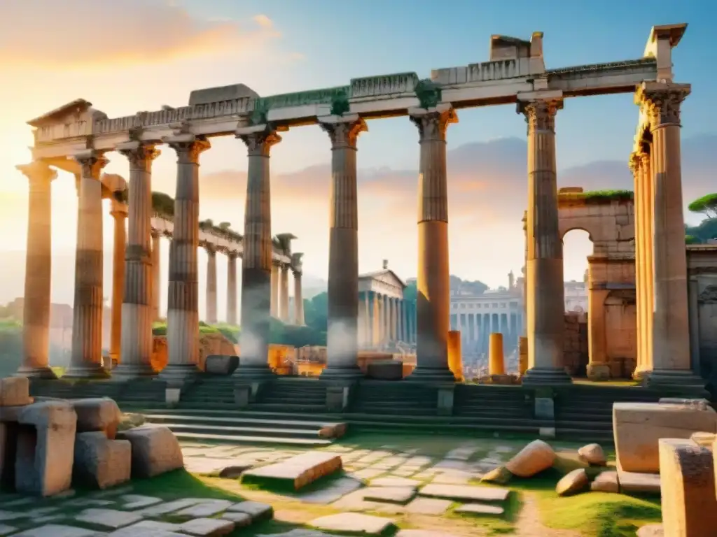 Ruinas romanas detalladas iluminadas por el cálido sol del atardecer