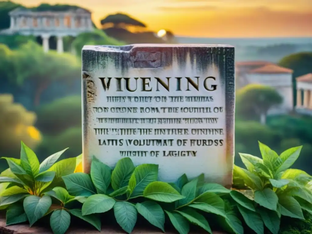 Ruinas romanas y vegetación, resaltando la Importancia del Latín Clásico en un atardecer dorado
