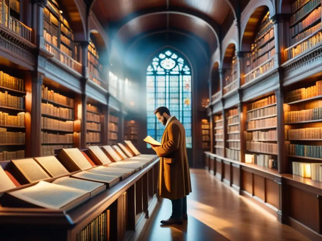 Serena biblioteca con manuscritos antiguos iluminados Un sabio estudioso examina un manuscrito iluminado en una biblioteca antigua