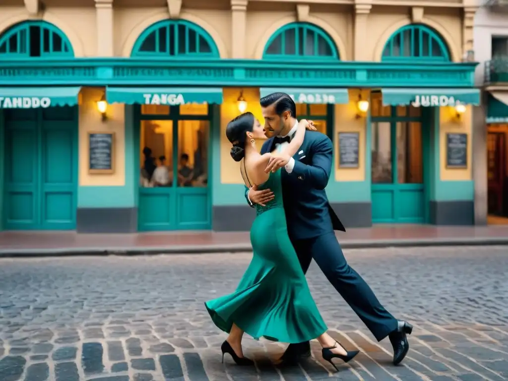 Un salón de tango en Buenos Aires durante la época dorada, parejas elegantes bailando en las calles empedradas