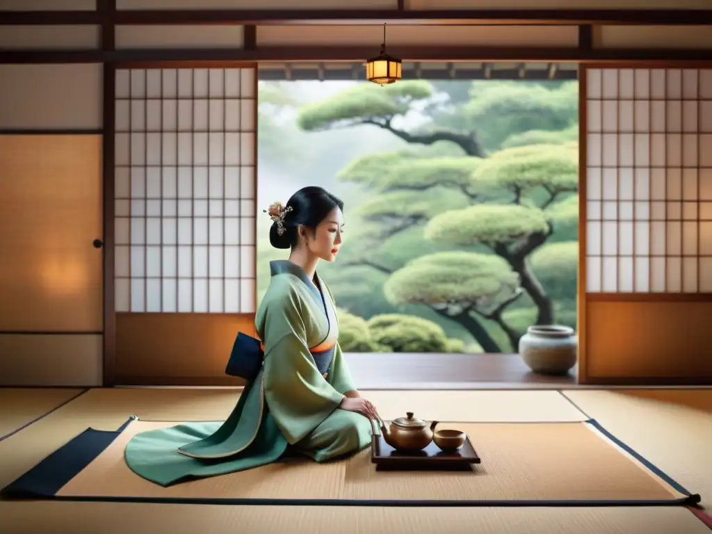 Una ilustración serena de una ceremonia de té japonesa tradicional, con una sala de tatamimat detallada, juego de té vibrante y anfitriona en kimono