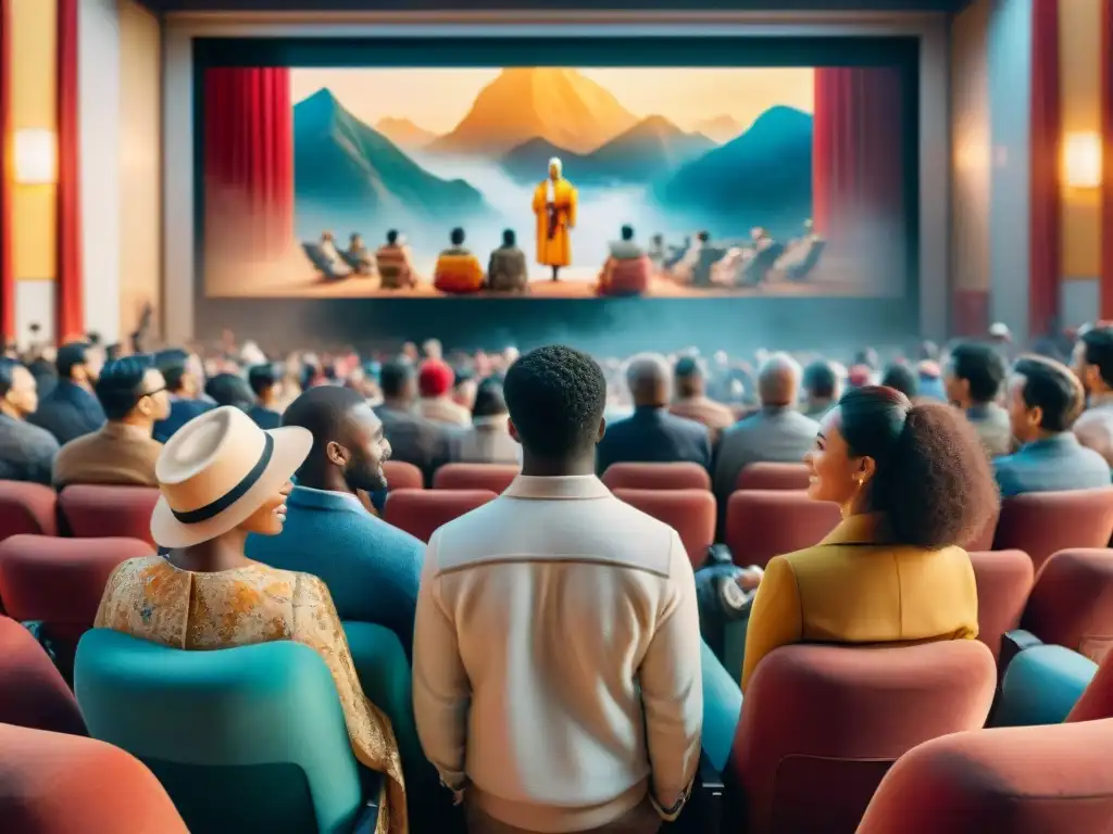 Una ilustración acuarela serena que muestra a personas diversas viendo una película en un cine