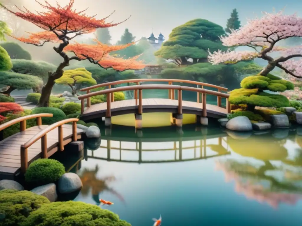 Jardín japonés sereno con cerezos en flor, puente de madera sobre estanque con peces koi y pagoda