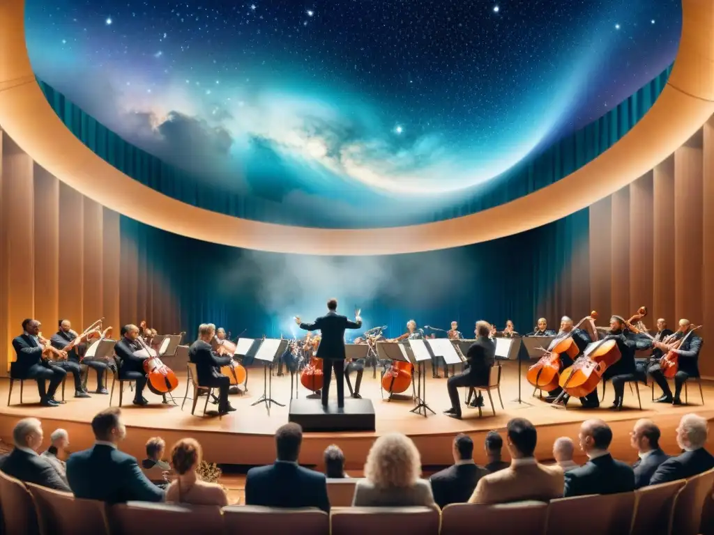 Una sinfonía de música reinterpreta el significado, con la orquesta y el director envueltos en pasión bajo un cielo estrellado