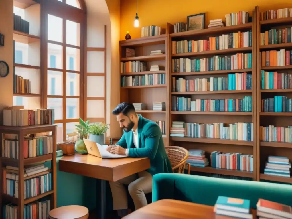 Un soleado café en Cataluña, bullicioso con escritores en talleres de escritura creativa, rodeados de libros en catalán