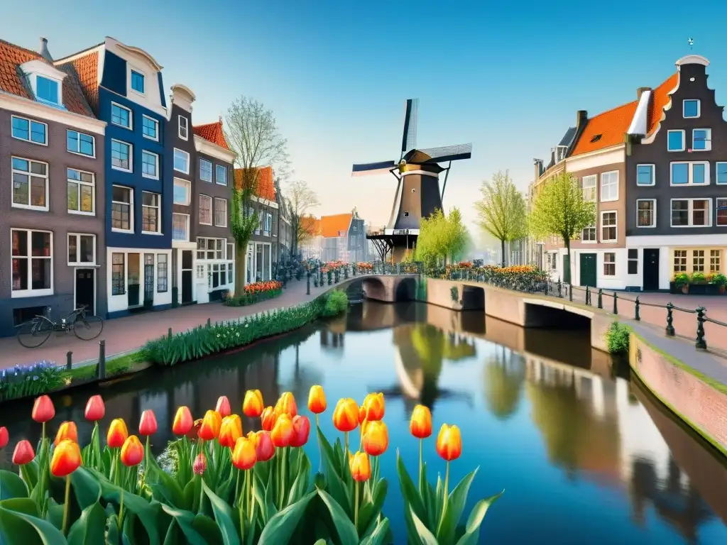 Sumérgete en la belleza de Ámsterdam con sus tulipanes, casas tradicionales y un molino de viento bajo un cielo azul