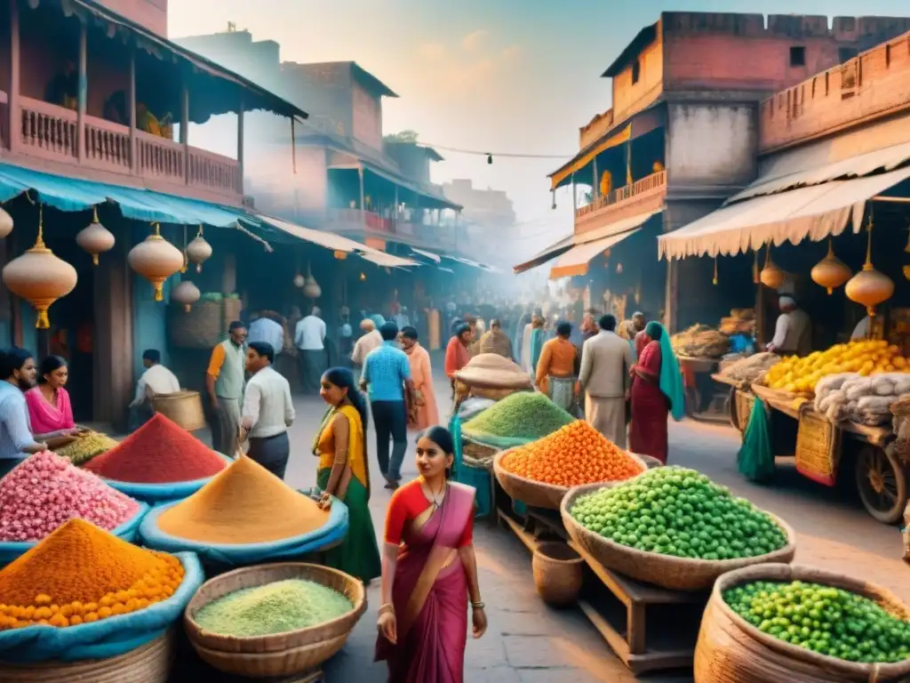 Sumérgete en el bullicioso mercado de la India, donde la gente conversa animadamente en hindi