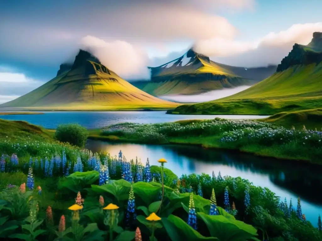 Sumérgete en la serenidad de Islandia con este majestuoso paisaje pintado con acuarelas, ideal para aprender islandés fácilmente