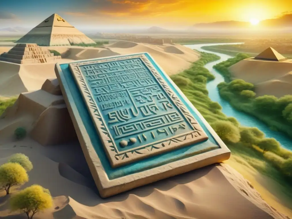 Tableta sumeria con cuneiforme y paisaje mesopotámico, palabras sumerias en léxico