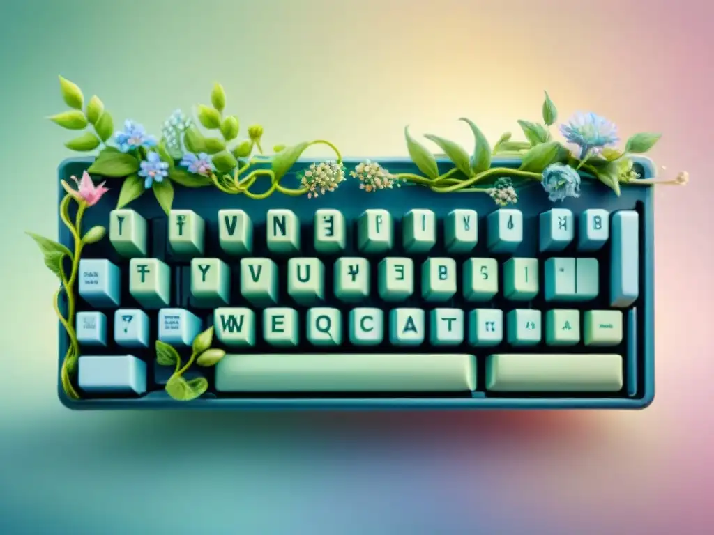 Un teclado de computadora en acuarela entrelazado con elegantes enredaderas y flores, simbolizando la fusión armoniosa de la simplicidad y la complejidad en lenguajes de programación inspirados en la claridad del inglés