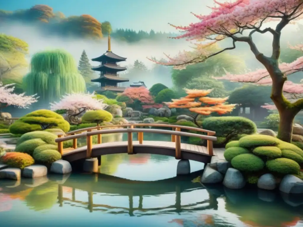 Un jardín japonés tradicional con cerezos en flor, peces koi y una pagoda