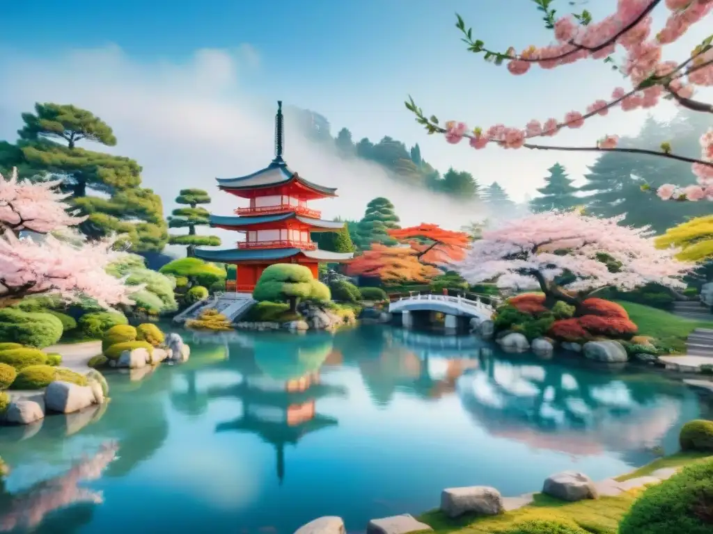 Un jardín japonés tradicional con cerezos en flor, peces koi y una pagoda bajo un cielo azul