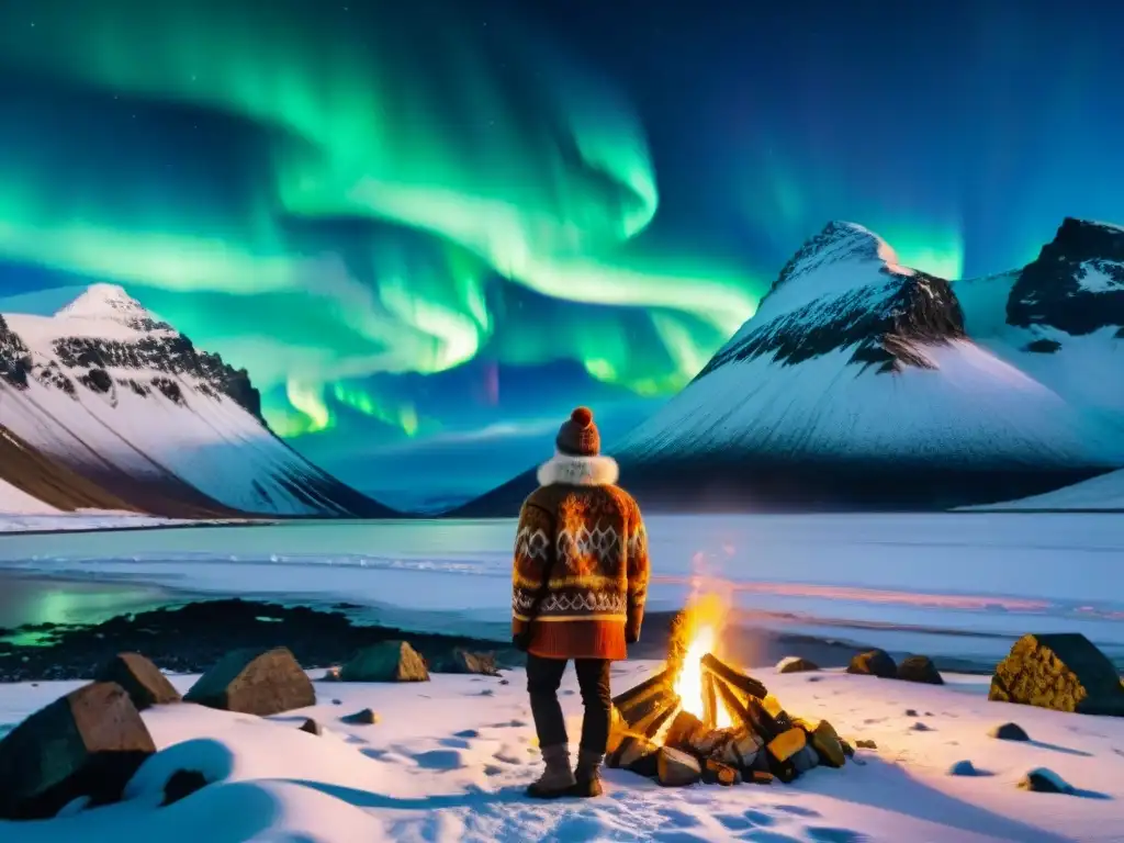 Celebración tradicional islandesa con danzas alrededor de una hoguera bajo las auroras boreales, riqueza lingüística islandesa tradición