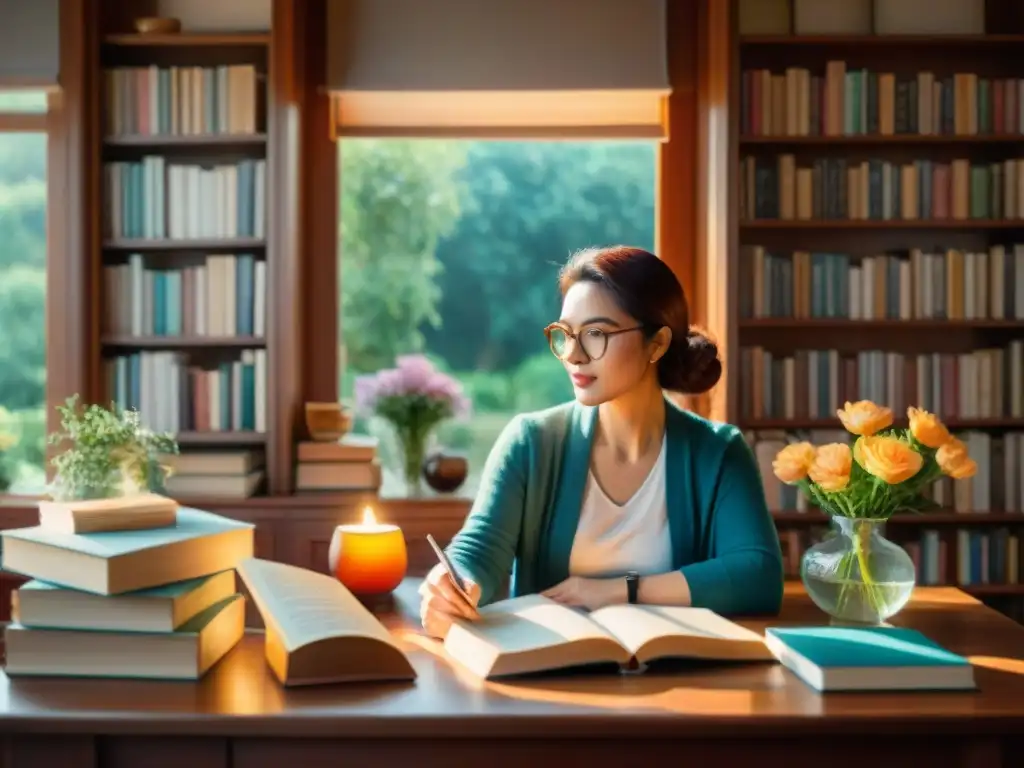 Una traductora de poesía contemporánea en su acogedor estudio, rodeada de libros y luz cálida