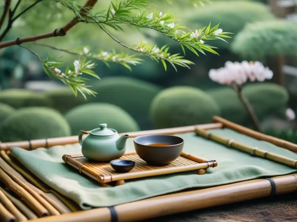 Una tranquila ceremonia del té japonés en un jardín, con detalles de cerezos en flor