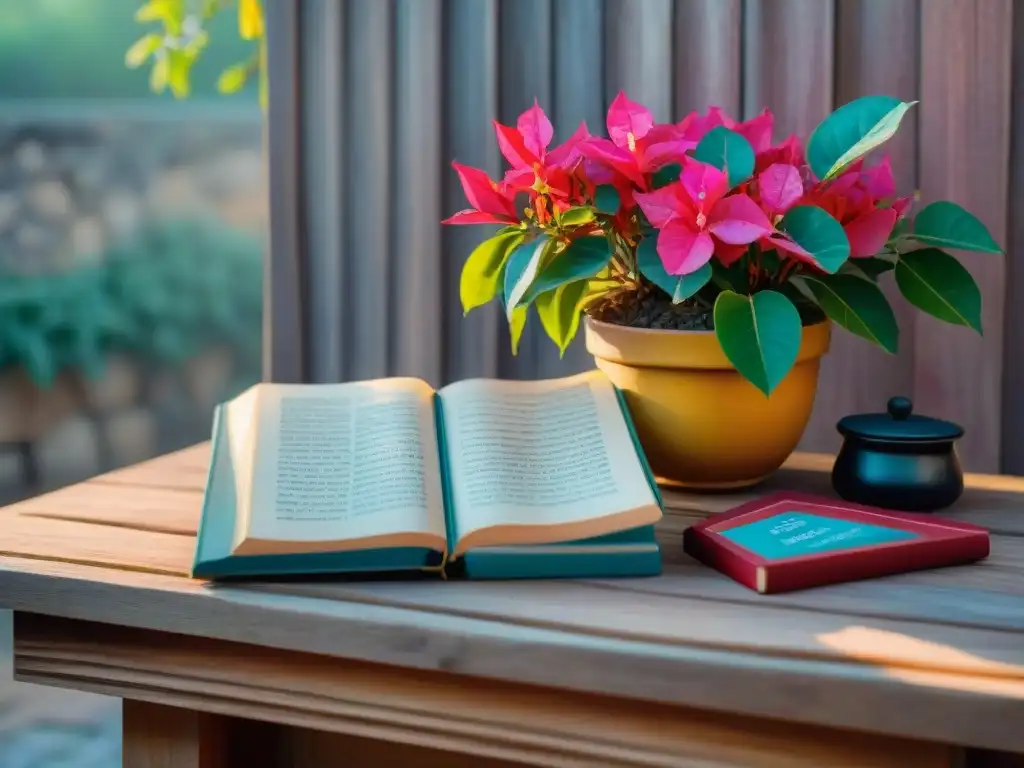 Un rincón tranquilo bañado por el sol con una mesa de escritura, libros de gramática española y una hermosa buganvilla