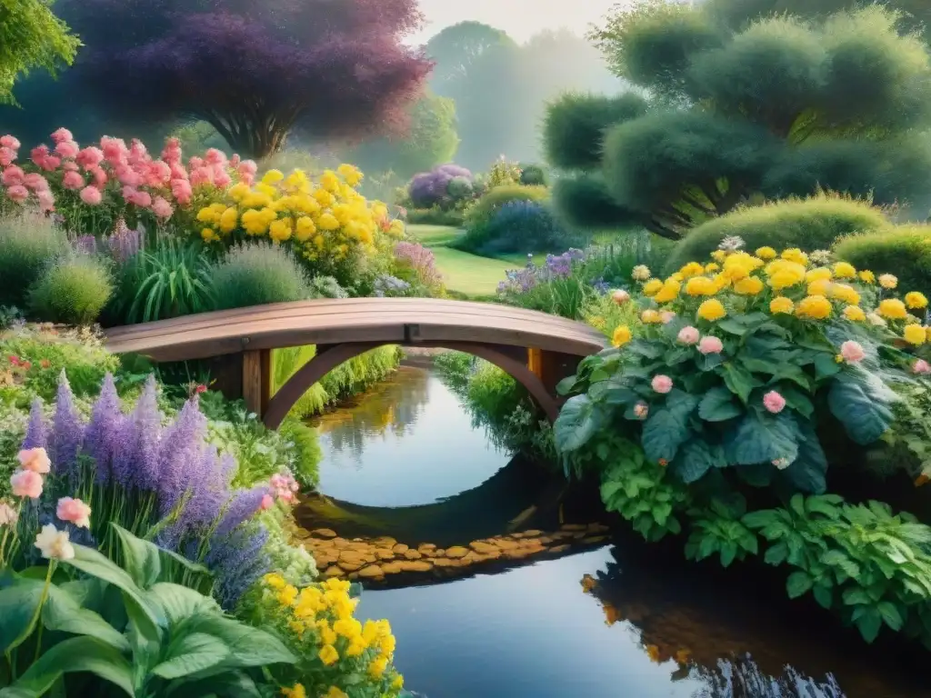 Un jardín tranquilo y colorido con flores vibrantes y un arroyo serpenteante bajo la luz del sol