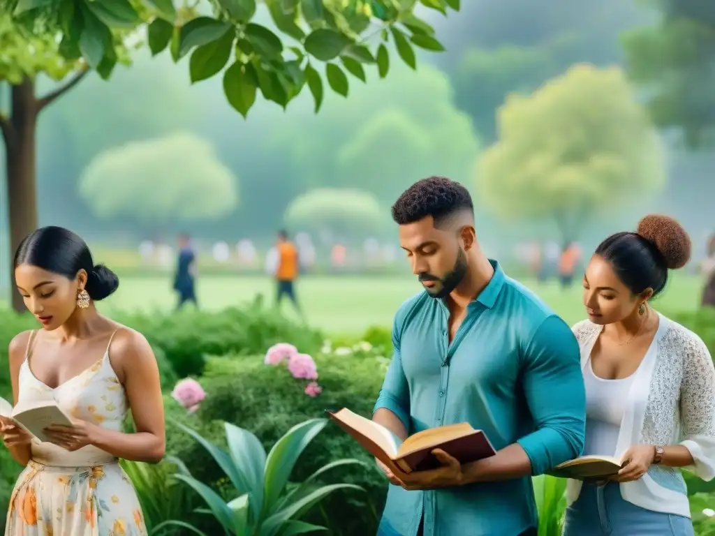 Un tranquilo cuadro acuarela de personas diversas leyendo libros en dialectos únicos, en un parque colorido