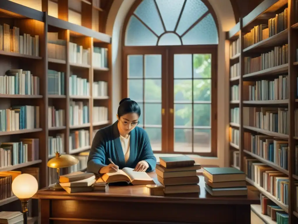 Un tranquilo escenario de biblioteca con libros antiguos en varios idiomas, un traductor trabajando