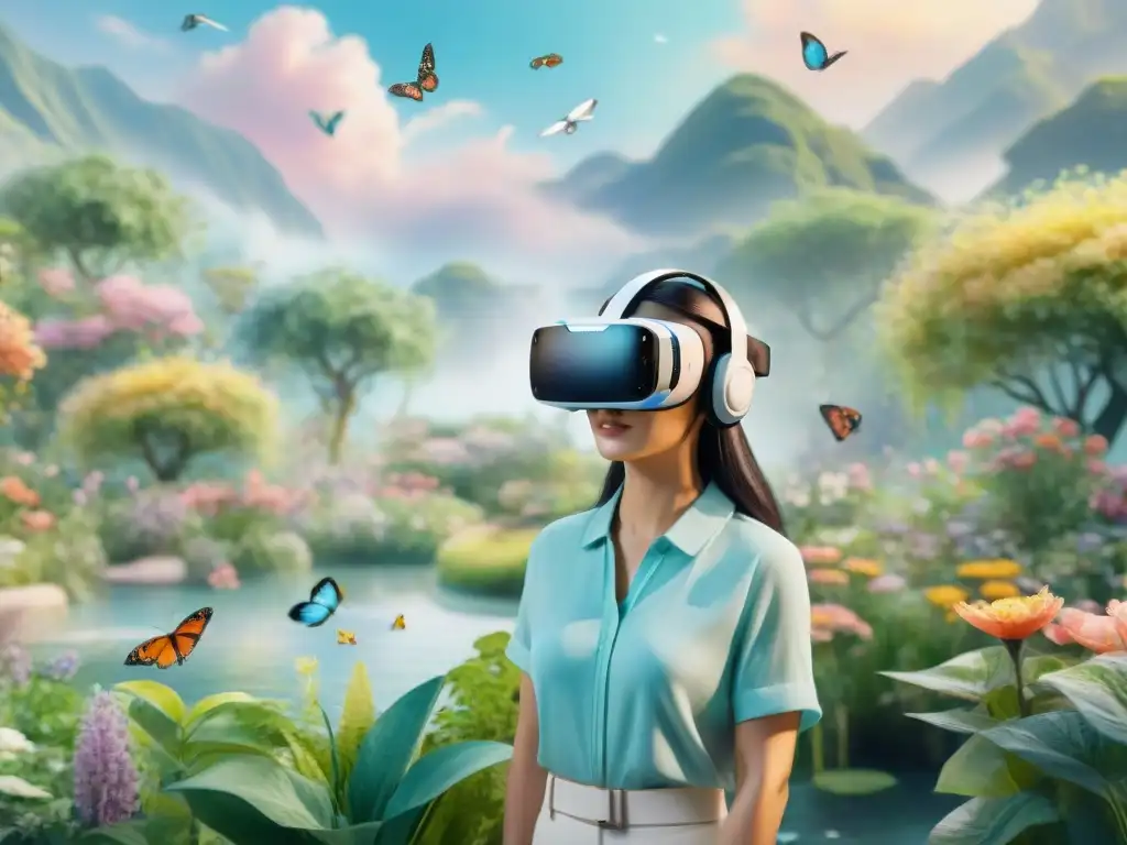 Un jardín tranquilo, estudiantes aprendiendo idiomas con Realidad Virtual, rodeados de naturaleza y hologramas