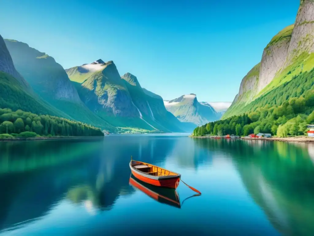 Un tranquilo fiordo noruego pintado en acuarela, con pinos verdes vibrantes y montañas nevadas, perfecto para principiantes