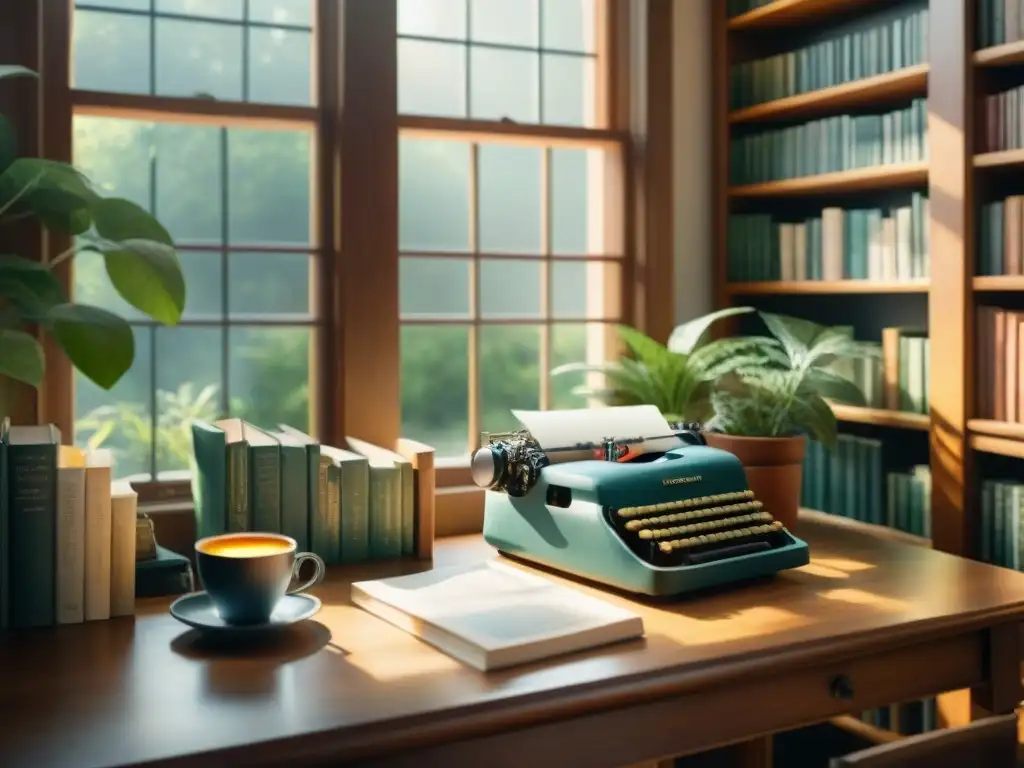 Un rincón tranquilo con libros técnicos, ventana y taza de té