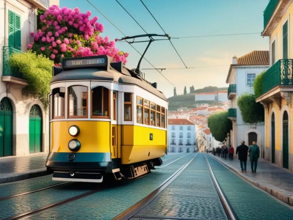 Un tranvía amarillo icónico de Lisboa cruza calles encantadoras, riqueza lingüística y cultural Portugal