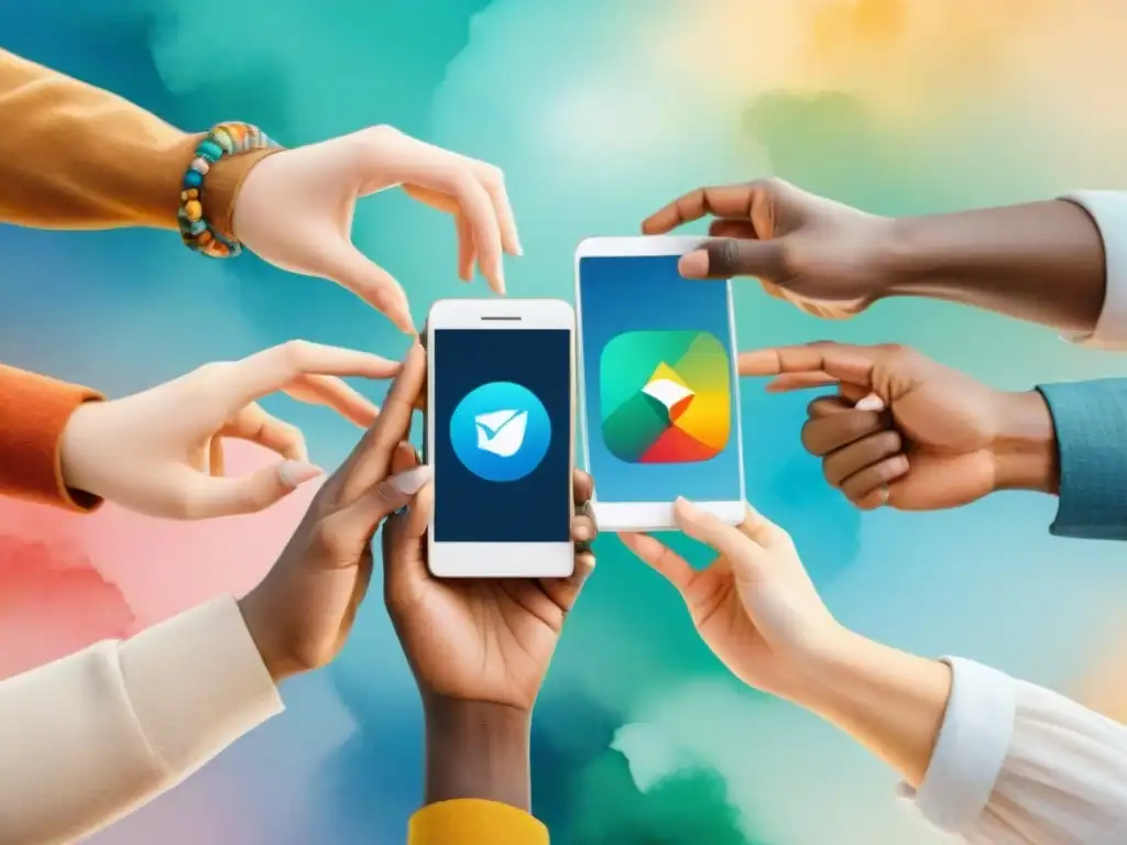 Manos diversas unidas: apps de idiomas para la diversidad cultural Unidas en diversidad: manos de diferentes tonos de piel sostienen dispositivos móviles con apps de idiomas, símbolos culturales