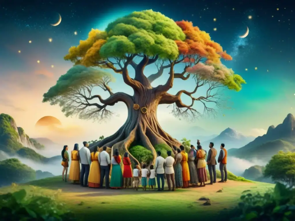 Unidos bajo un árbol ancestral, representando la diversidad cultural en la preservación lingüística política pública