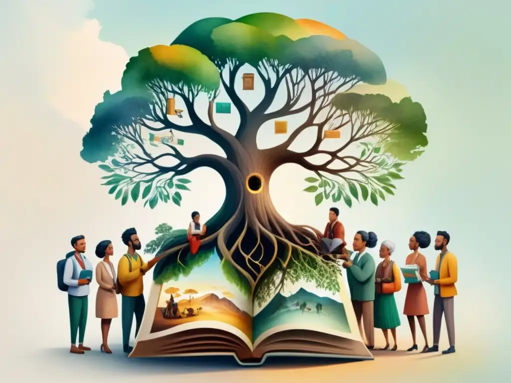 Unidos bajo un árbol ancestral, personas diversas sostienen libros que representan su cultura y lenguaje