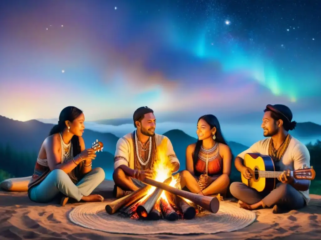 Un variado grupo de personas alrededor de una fogata, iluminados por el fuego, tocando instrumentos musicales de culturas indígenas