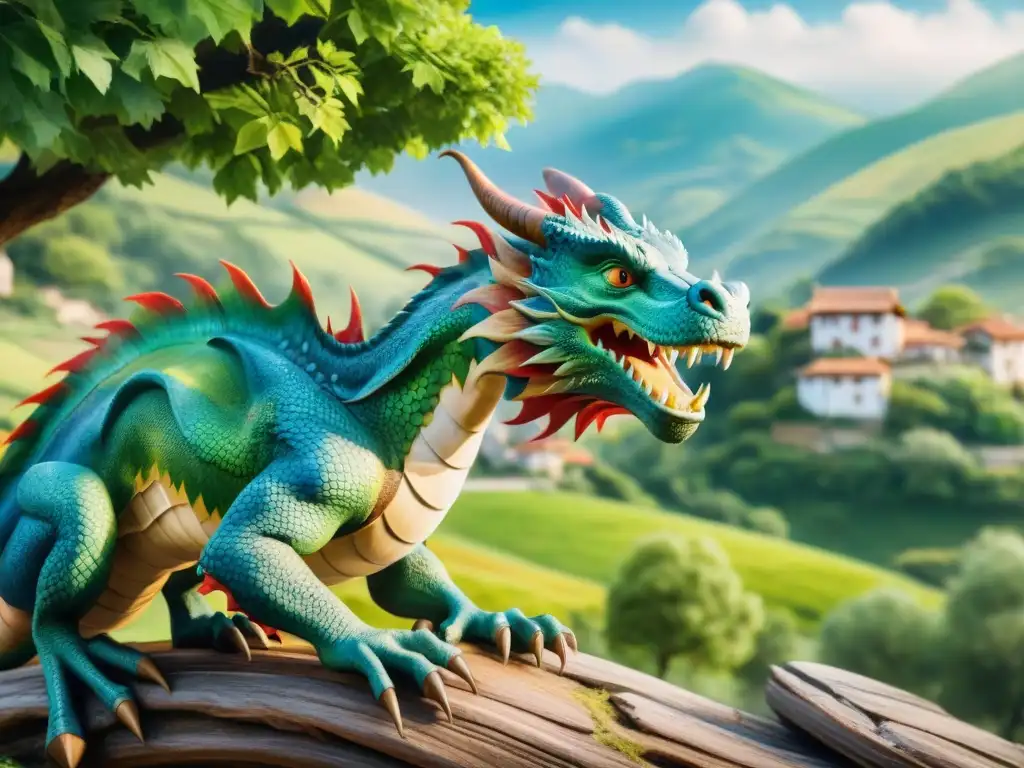 Dragón vasco misterioso entre aldeas y colinas verdes Dragón vasco majestuoso entre robles, aldeas blancas y ovejas