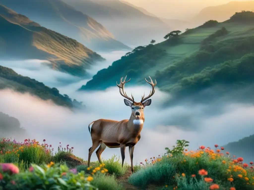 Ilustración acuarela: venado majestuoso rodeado de flores coloridas y naturaleza exuberante, simbolizando la lucha y belleza del idioma mazahua