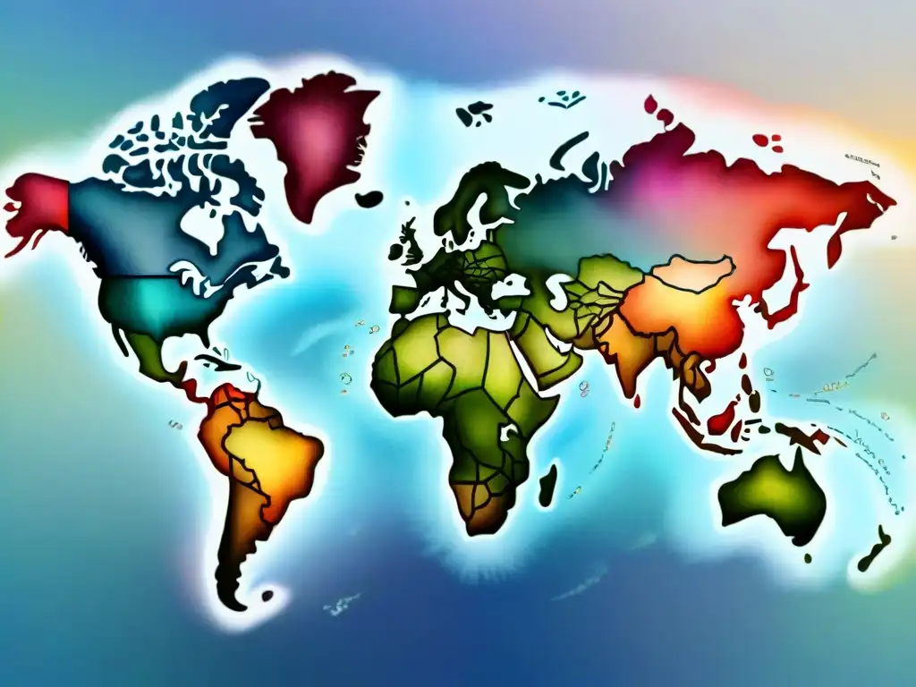 Viaje visual por la diversidad de dialectos y la inteligencia artificial en un mapa mundial entrelazado con hilos de colores vibrantes