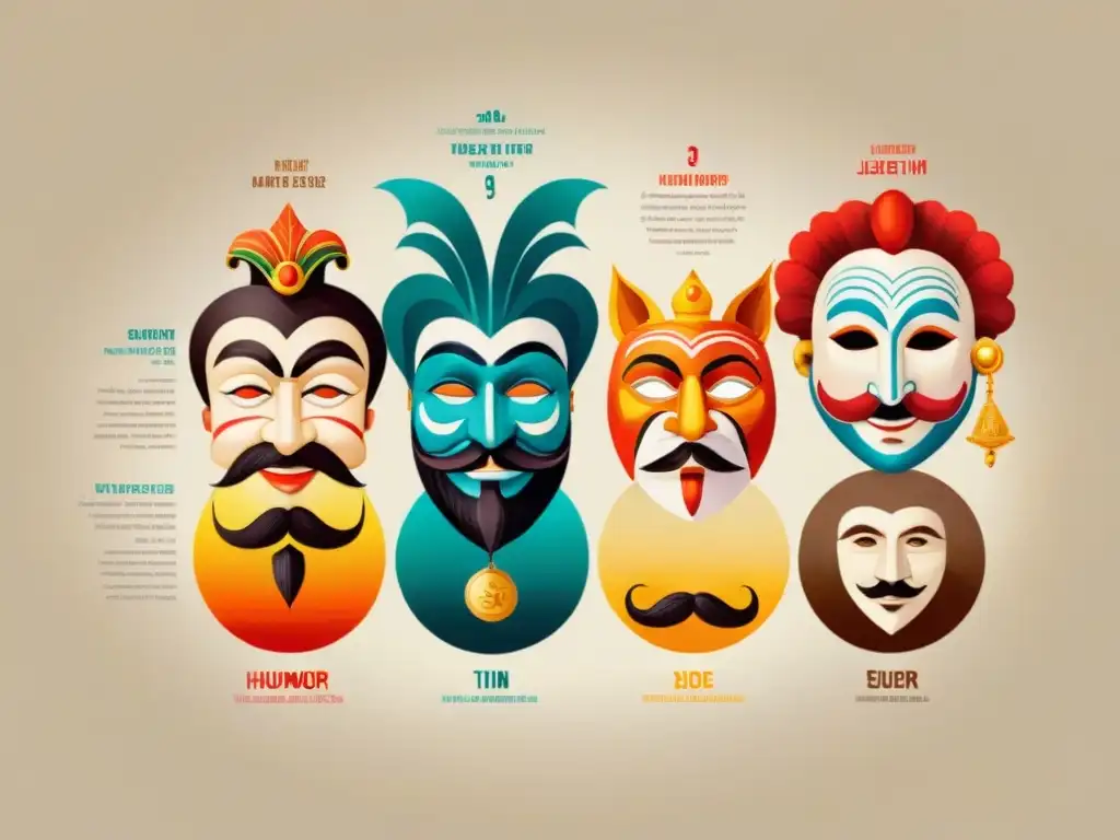 Evolución humorística: desde máscaras antiguas hasta stand-up moderno Un viaje visual a través de la evolución del humor: desde máscaras antiguas hasta el stand-up moderno, mostrando cambios en el lenguaje cómico