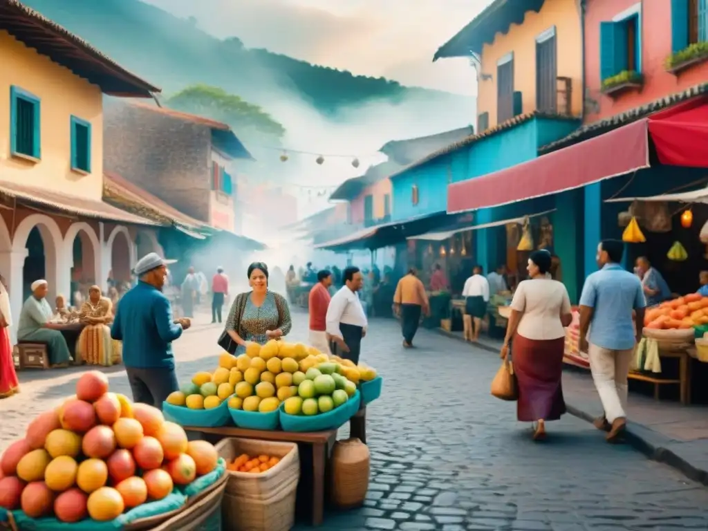 Una ilustración vibrante en acuarela de un bullicioso mercado en una colorida plaza de un pueblo latinoamericano