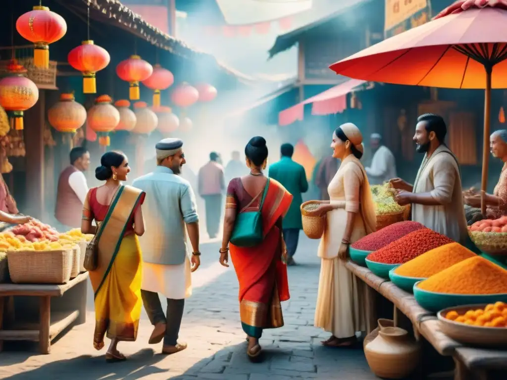 Vibrante acuarela de conversaciones multiculturales en un mercado, celebrando la importancia de la diversidad cultural y las lenguas locales