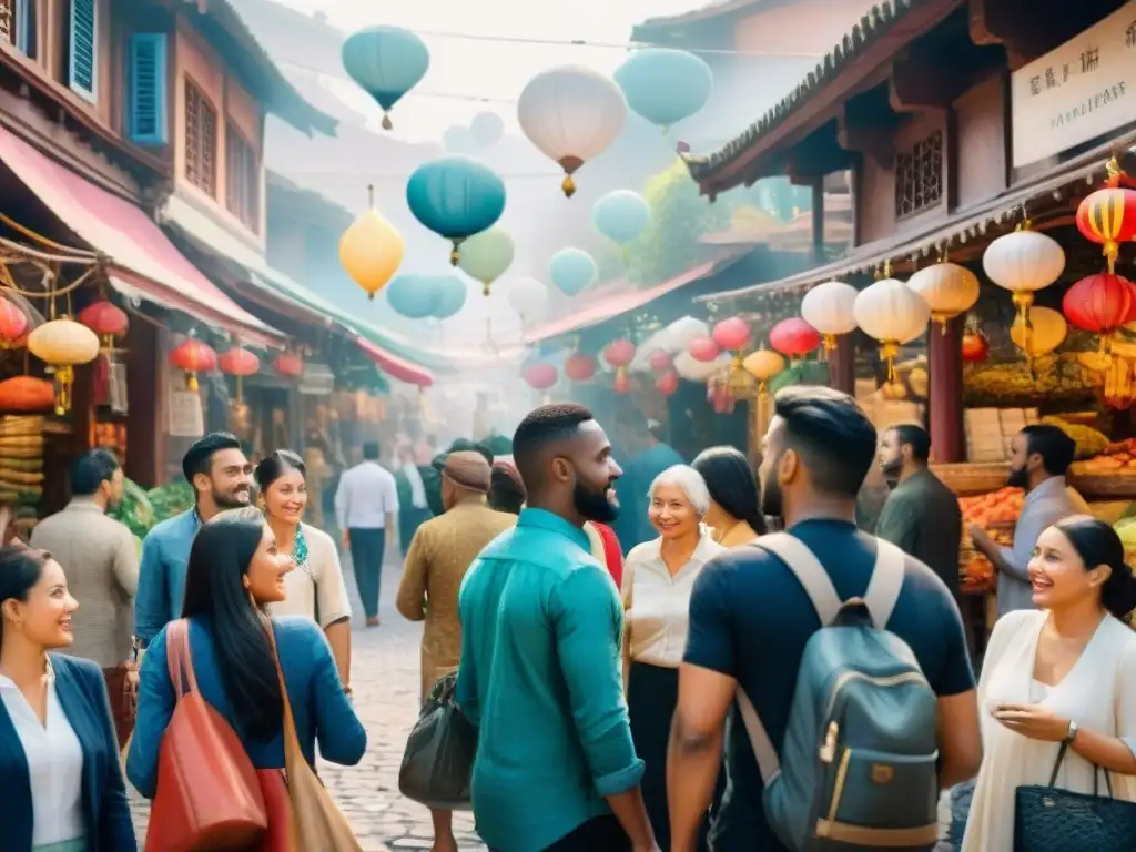 Vibrante acuarela detallada de personas diversas en animadas conversaciones en un bullicioso mercado, reflejando la riqueza de lenguas y emociones