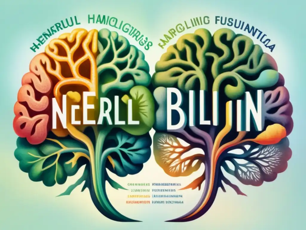 Un ilustración vibrante en acuarela de dos hemisferios cerebrales entrelazados, representando la neurolingüística del bilingüismo cerebro