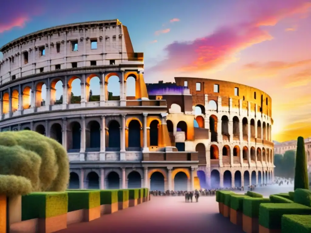 Vibrante acuarela del majestuoso Coliseo romano al atardecer, rodeado de vegetación y estatuas de mármol