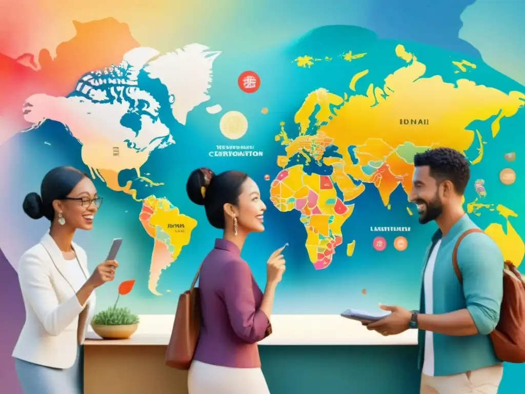 Una ilustración vibrante en acuarela muestra a personas de diversas culturas conversando en diferentes dialectos, sobre un mapa mundial colorido