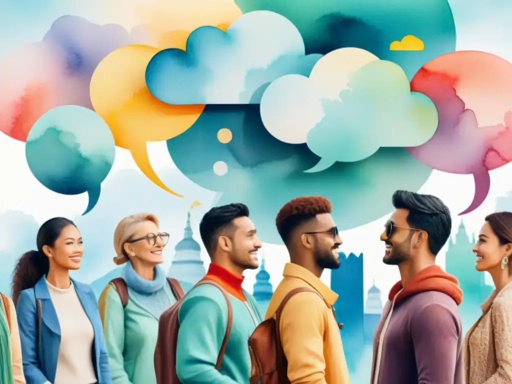 Una ilustración vibrante en acuarela que representa la riqueza lingüística y cultural mundial, con personas de diferentes orígenes conversando y globos de diálogo en varios idiomas flotando sobre ellos, rodeados de emblemáticos lugares y símbolos globales detallados de manera intrincada en un efect