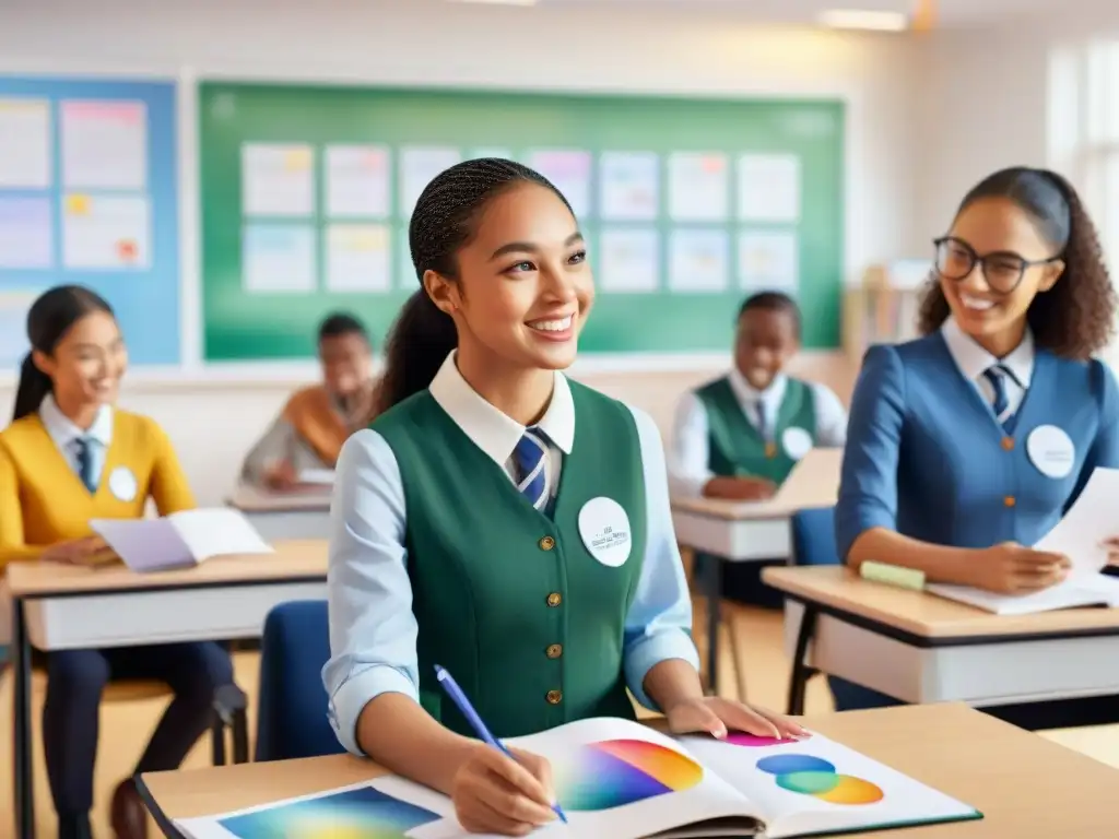 Vibrante ilustración acuarela de alumnos en clase con algoritmos inteligentes para aprendizaje personalizado