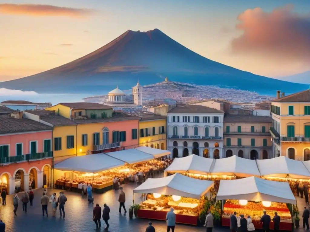 Vibrante ilustración acuarela de una animada plaza napolitana, reflejando la vida cotidiana y cultural de Nápoles