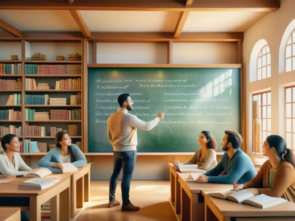 Vibrante aula con diversidad de estudiantes y profesor entusiasta discutiendo sobre el griego antiguo