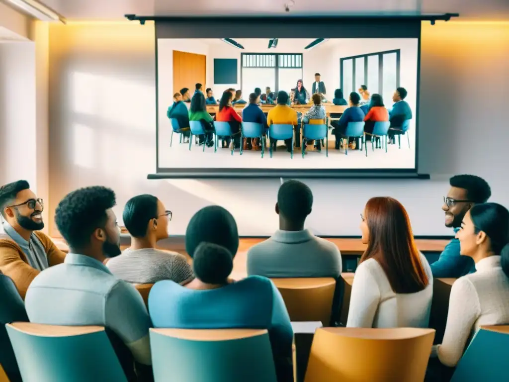 Vibrante aula con estudiantes viendo cine clásico en blanco y negro